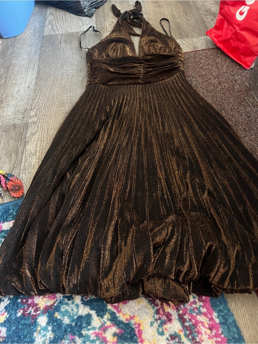 Cache Women’s Halter Metallic Brown Pleated Dress